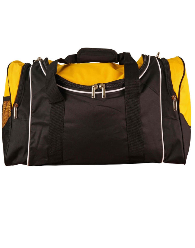 A black and yellow duffle bag with a front zip and side mesh pocket. It has a logo displayed on it.
