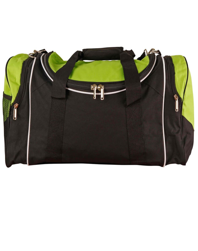 A black duffle bag with green accents, featuring a zip closure and dual handles. It has a logo on the side.