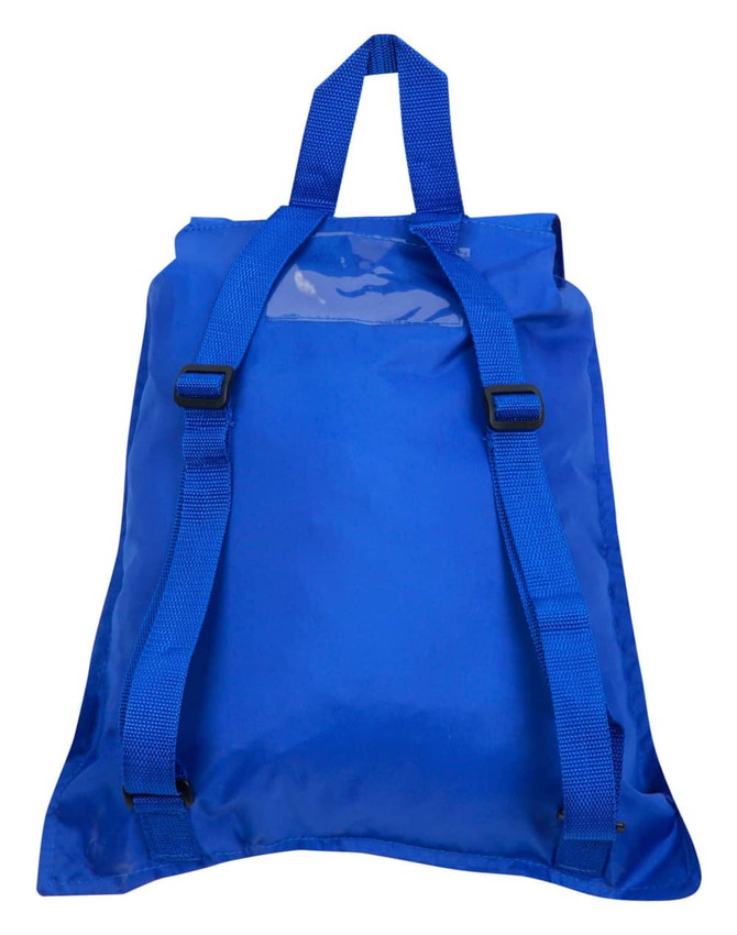 A blue excursion bag featuring shoulder straps and a top handle. The bag is made of durable material and has a logo.