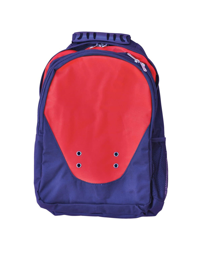 A navy and red backpack with a sleek design and mesh side pocket, featuring a logo on the front.