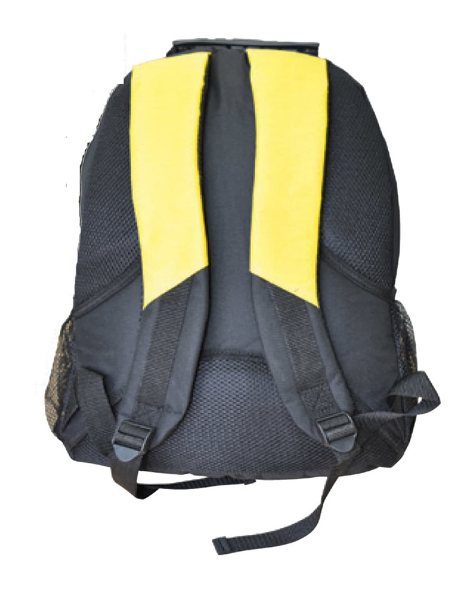 A black and yellow Climber Backpack with padded straps and mesh sides, featuring a logo on the front.