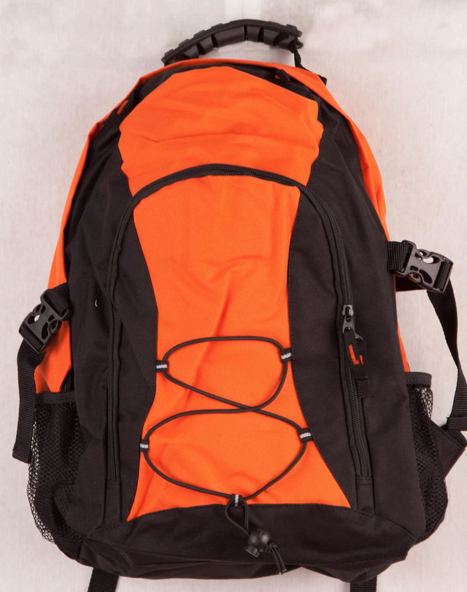 An orange and black backpack with adjustable straps and a branded logo. Features a mesh pocket and bungee cord detailing.