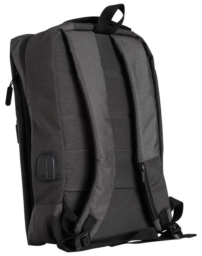 A dark grey backpack with padded straps, featuring a sleek design and a logo on the side.