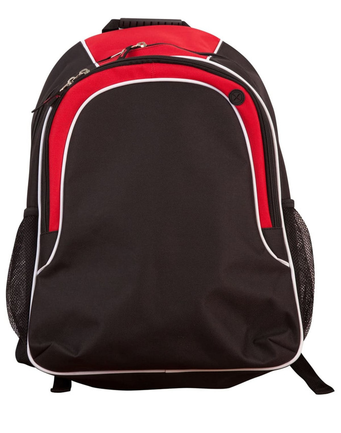 A black and red backpack with white trim, featuring multiple compartments and mesh side pockets. It has a logo.