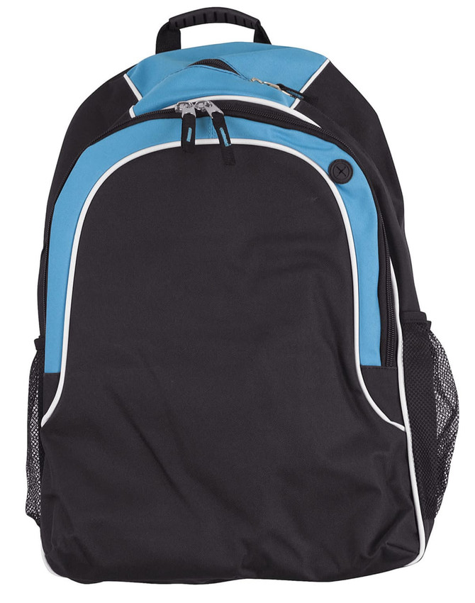 A black and blue backpack featuring a mesh side pocket and a front zippered compartment, with a logo.