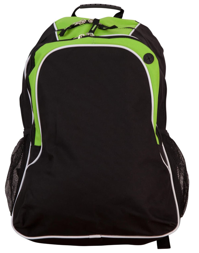 A black backpack with green accents and white detailing, featuring zippered compartments and side mesh pockets.