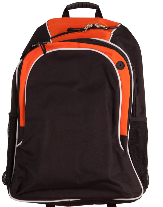 A black backpack with orange accents and white piping, featuring mesh side pockets and a logo.