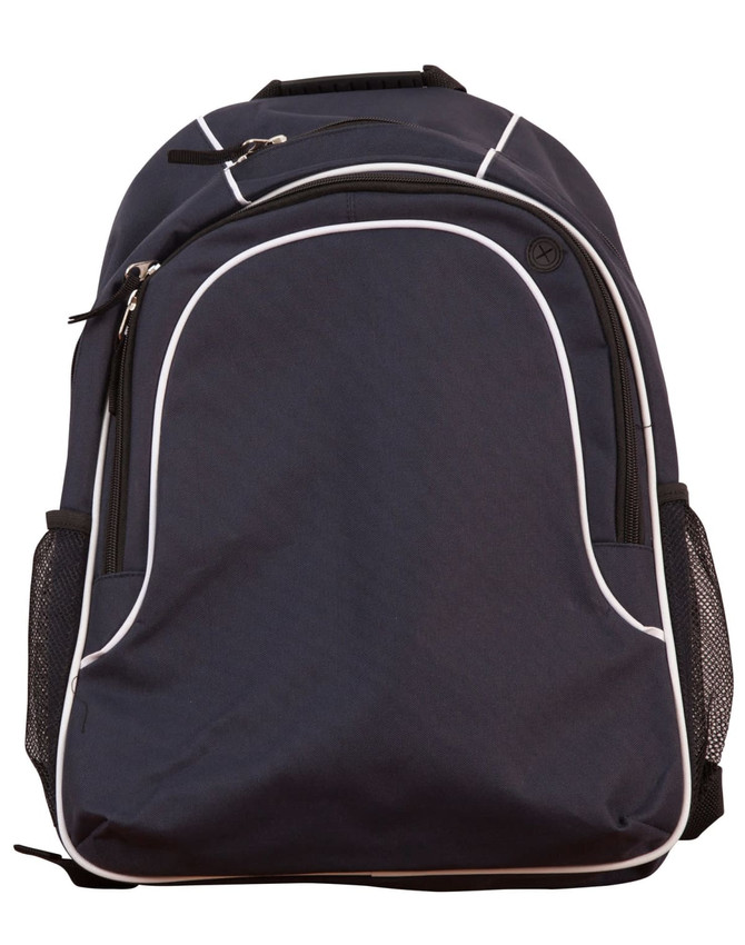 A navy blue backpack with white accents, featuring a zippered main compartment and mesh side pockets.