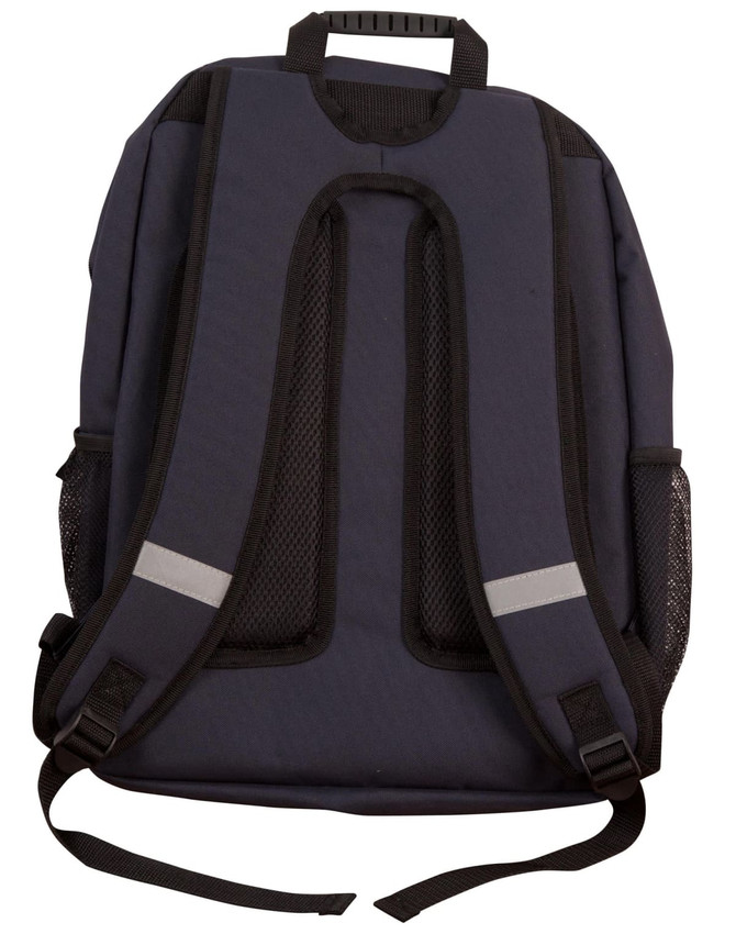 A navy backpack featuring padded adjustable straps, mesh side pockets, and a top handle. It includes branding on the surface.