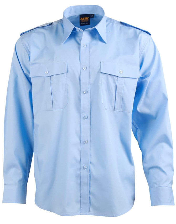 A light blue button-up shirt with epaulettes, featuring two front pockets and a logo on the collar.