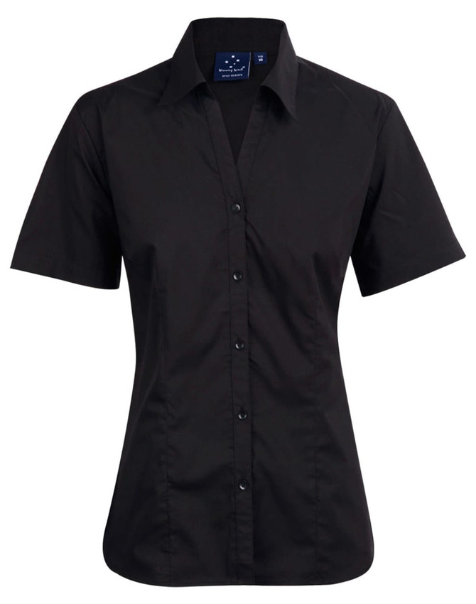 A black short sleeve button-up shirt with a collar and a logo on the tag.