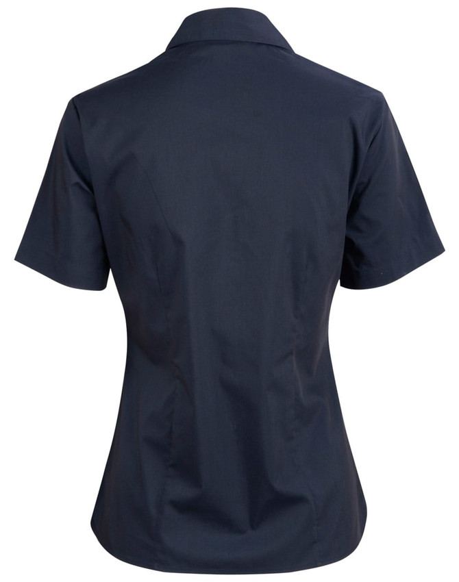 A navy blue short sleeve button-up shirt with a fitted design and a collar. Features a logo on the back.