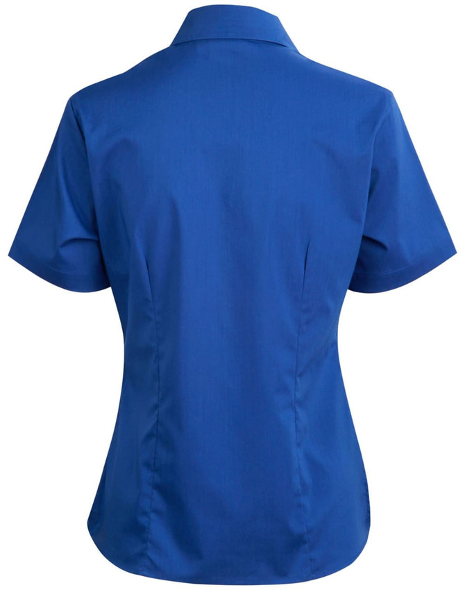 A blue short sleeve button-up shirt with a tailored fit and a collar, featuring a logo.