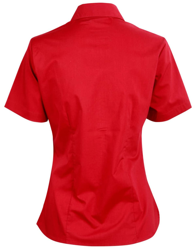 A red short sleeve button-up shirt with a fitted design and a collar, featuring a logo.