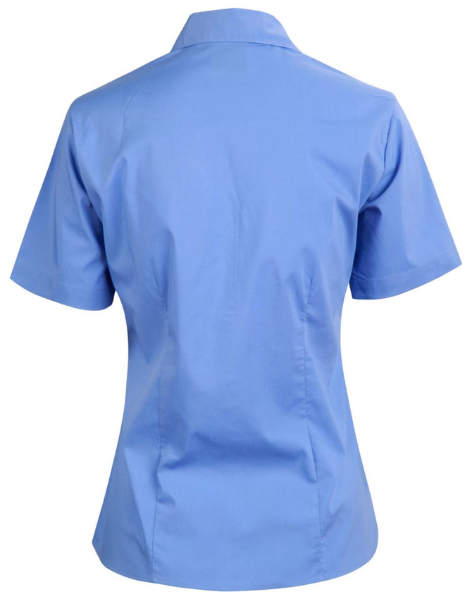 A light blue short sleeve button-up shirt with a collar, featuring a logo.