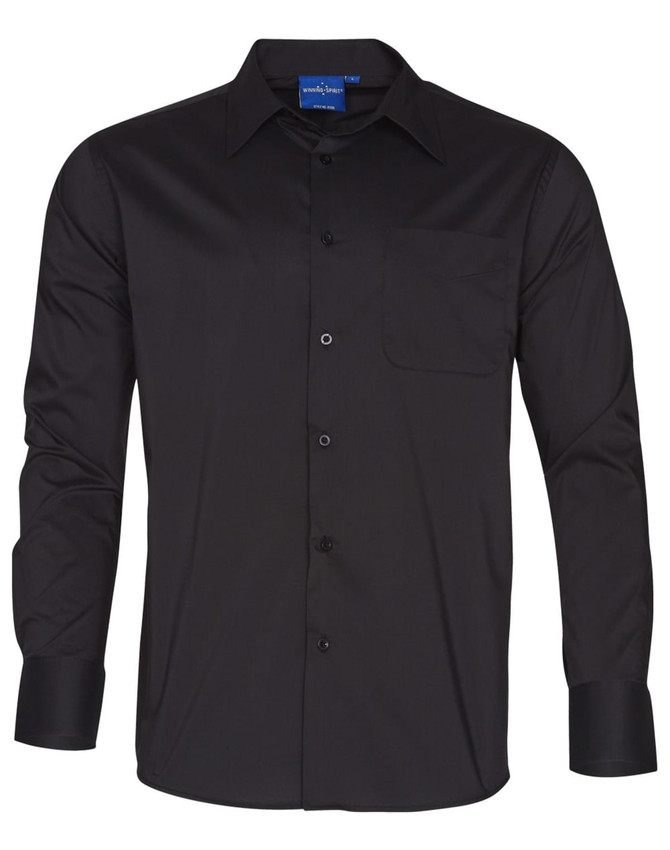 A black men's Teflon executive long sleeve button-up shirt with a single chest pocket and a logo.