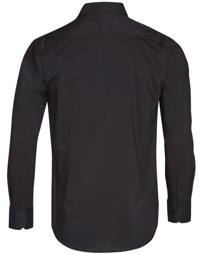 A black long sleeve button-up shirt with a smooth finish and a simple design. Features branding on the label.