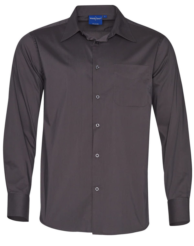 Men's long sleeve button-up shirt in dark grey with a chest pocket and a logo on the collar.
