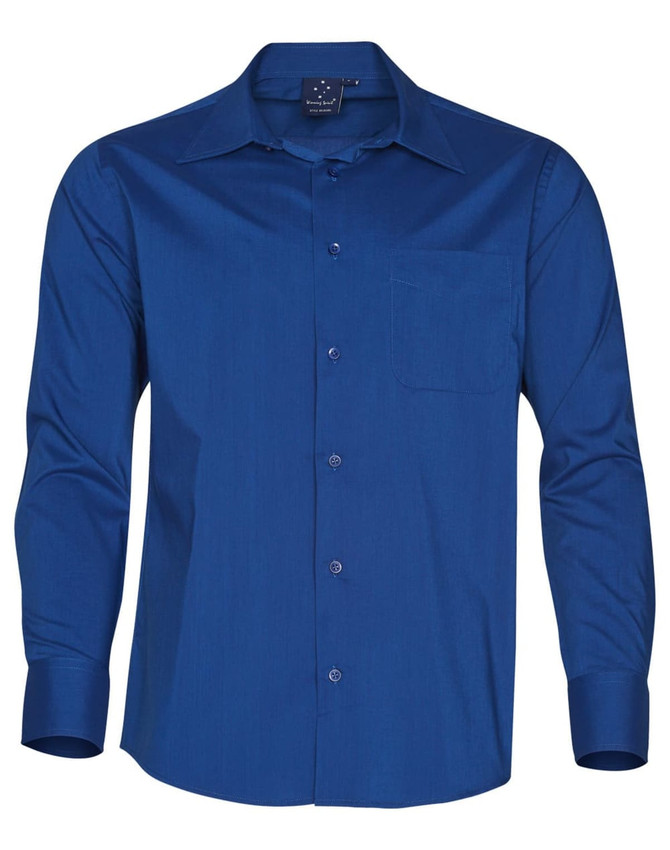 A blue long sleeve button-up shirt with a single chest pocket and a logo on the label.