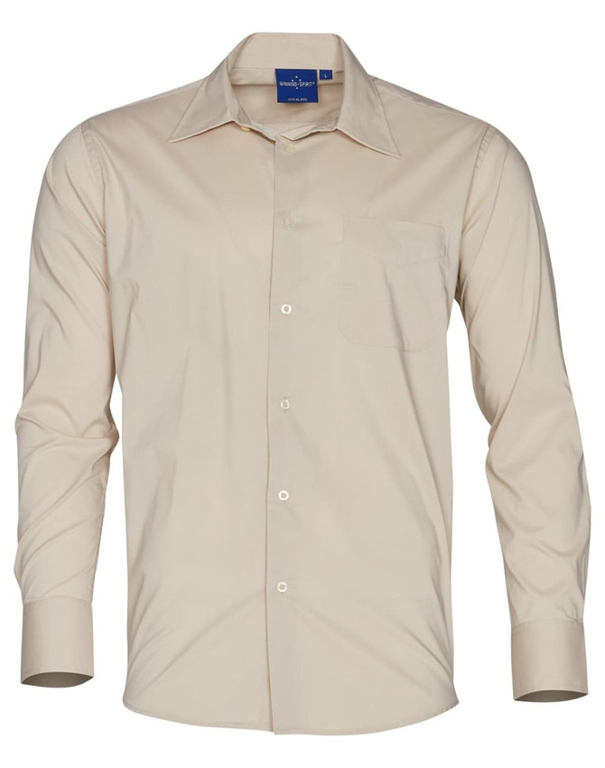 A light beige long sleeve button-up shirt with a chest pocket and logo, made from Teflon fabric.
