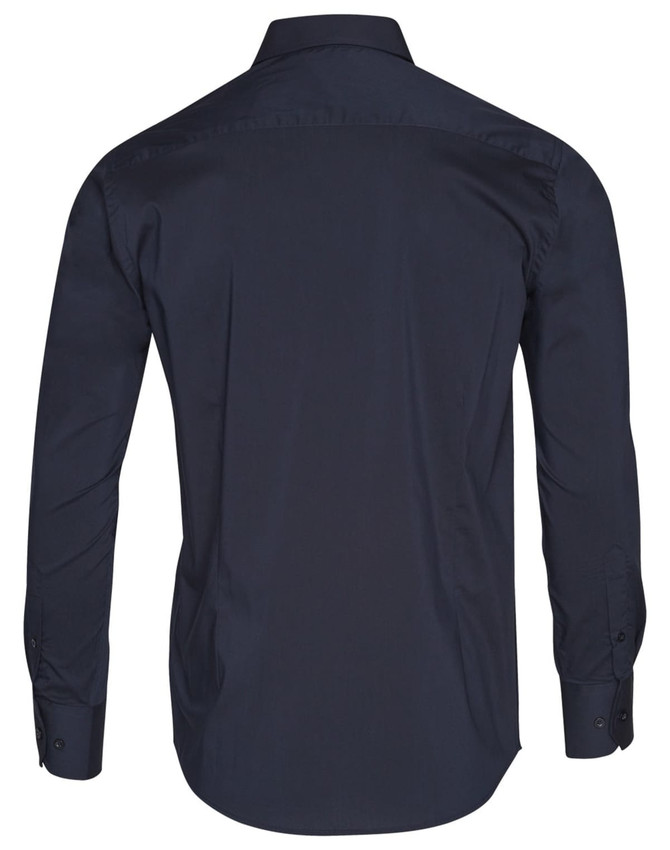 A navy blue long sleeve shirt with a button-up design and a logo on the back.