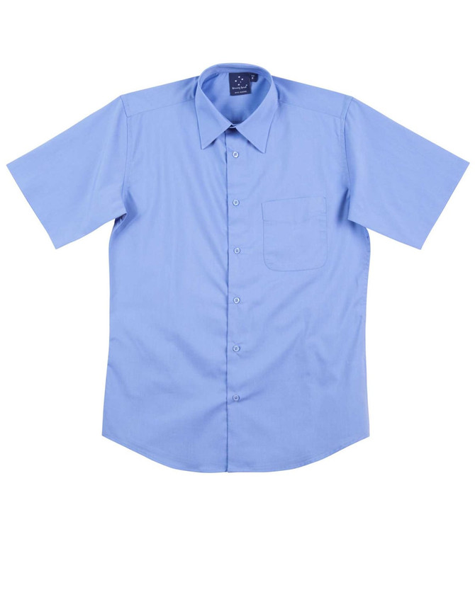 A light blue short sleeve button-up shirt with a chest pocket and a logo on the collar.
