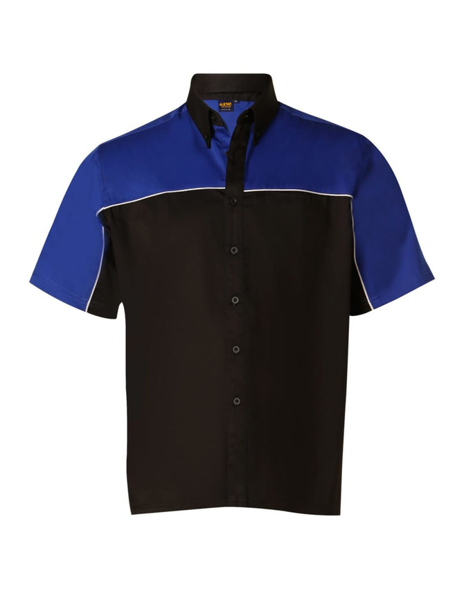 A men’s button-up shirt in black with blue tri-colour detailing and a logo on the collar.