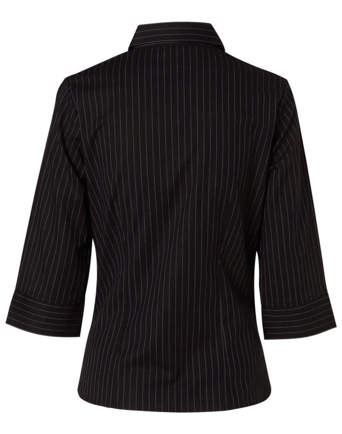 A black and white striped ladies' pin long sleeve button-up shirt with three-quarter sleeves and a collar.