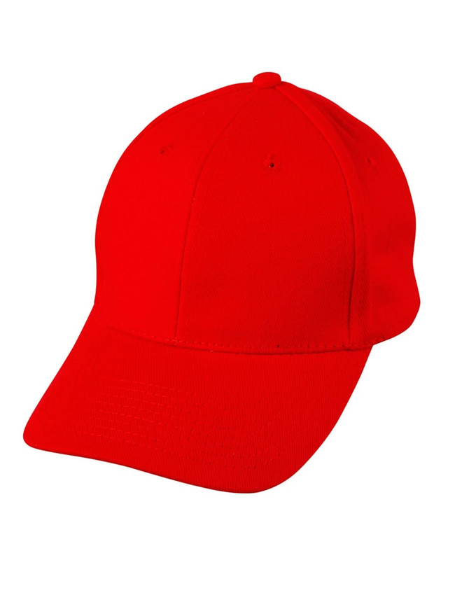 A red heavy brushed cotton cap with a curved brim and a logo on the front.
