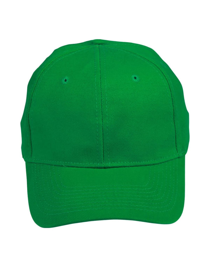 A green heavy brushed cotton cap featuring a structured design and a logo on the front.