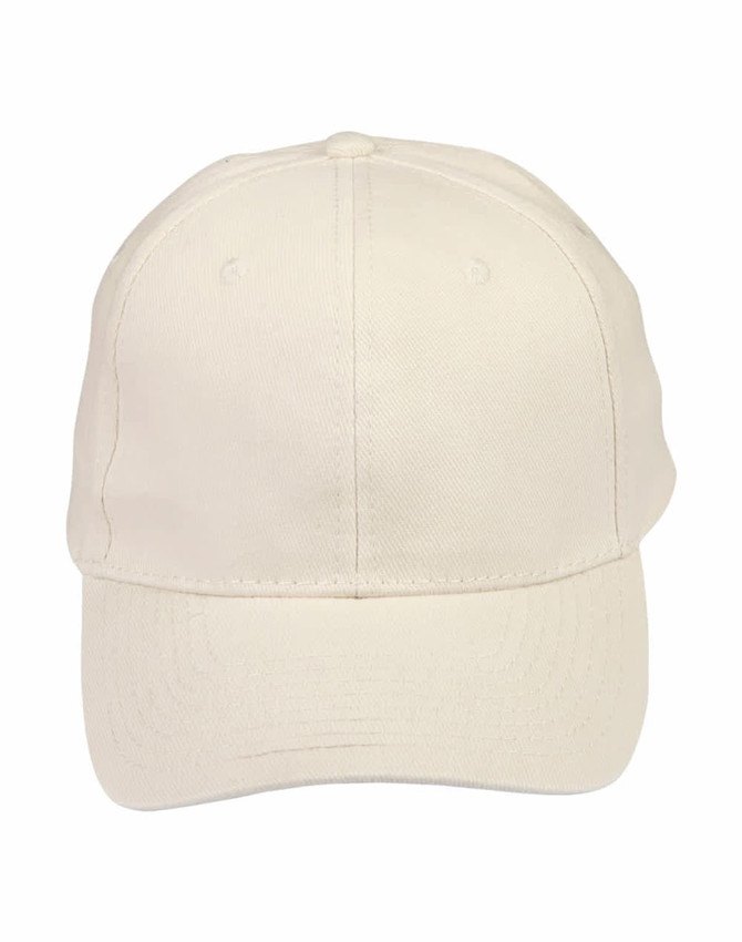 A cream heavy brushed cotton cap with a structured crown and a curved peak. It features a logo on the front.