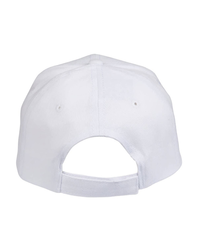 A white heavy brushed cotton cap featuring a back strap and ventilation holes. It includes a logo.