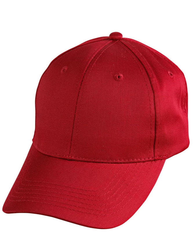 A red polycotton twill cap with a structured design and a front panel. It features a logo on the side.