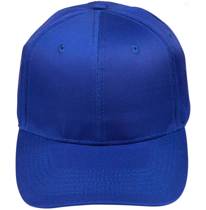 A blue polycotton twill cap with a curved brim and ventilation holes, featuring a logo on the front.