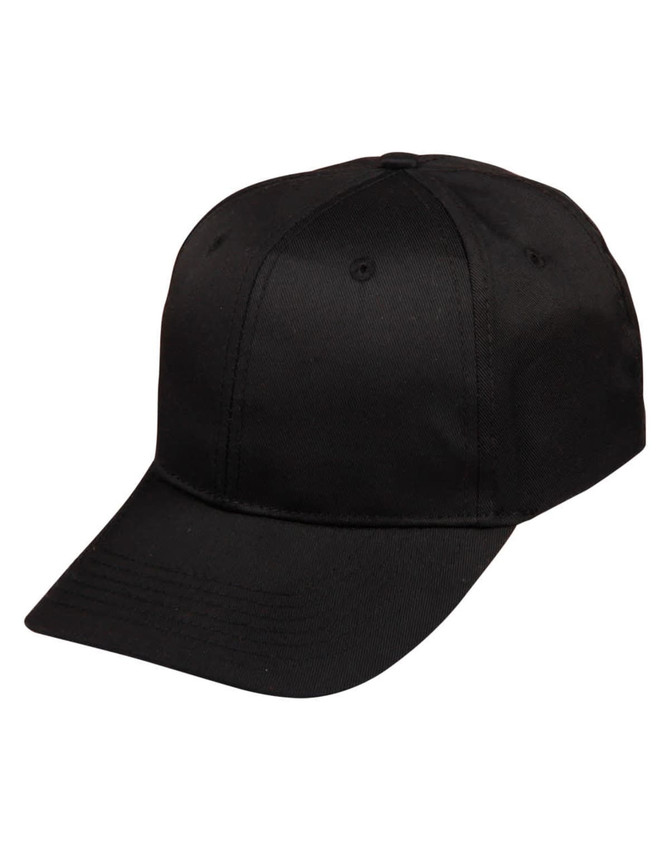 A black polycotton twill cap featuring a curved brim and an adjustable strap at the back.