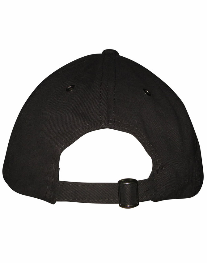 A black cap featuring a curved brim, made of sturdy fabric with ventilation holes and an adjustable strap at the back.