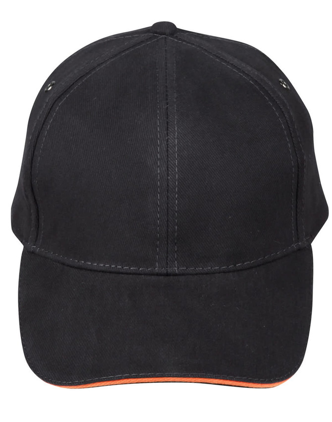 A black cap with an orange underside, featuring stitching details and a logo on the front.