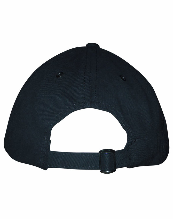 A black Sandwich Peak Cap featuring a curved peak and an adjustable strap at the back with a logo.