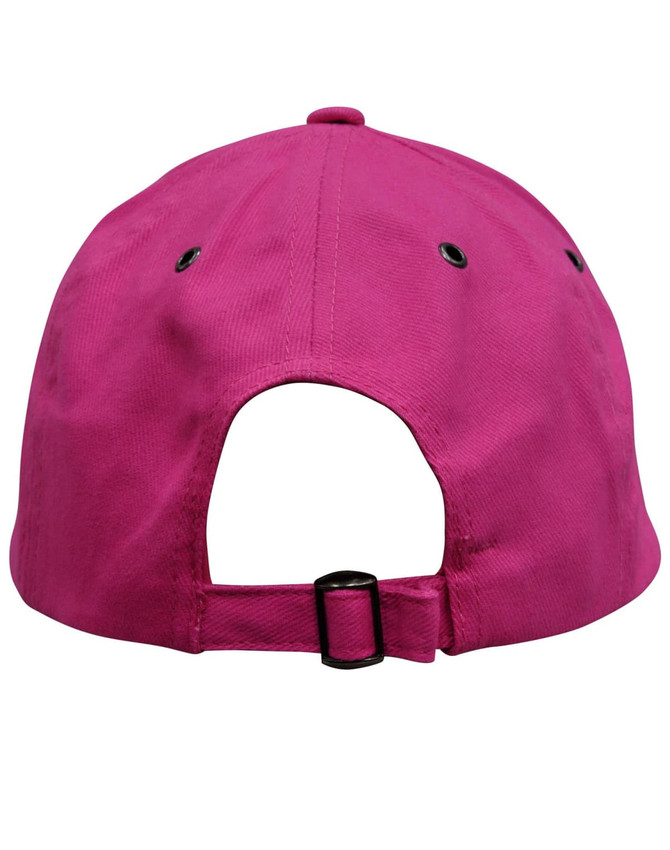 A pink cap featuring adjustable strap and ventilation holes at the back. It has a logo detail on the side.