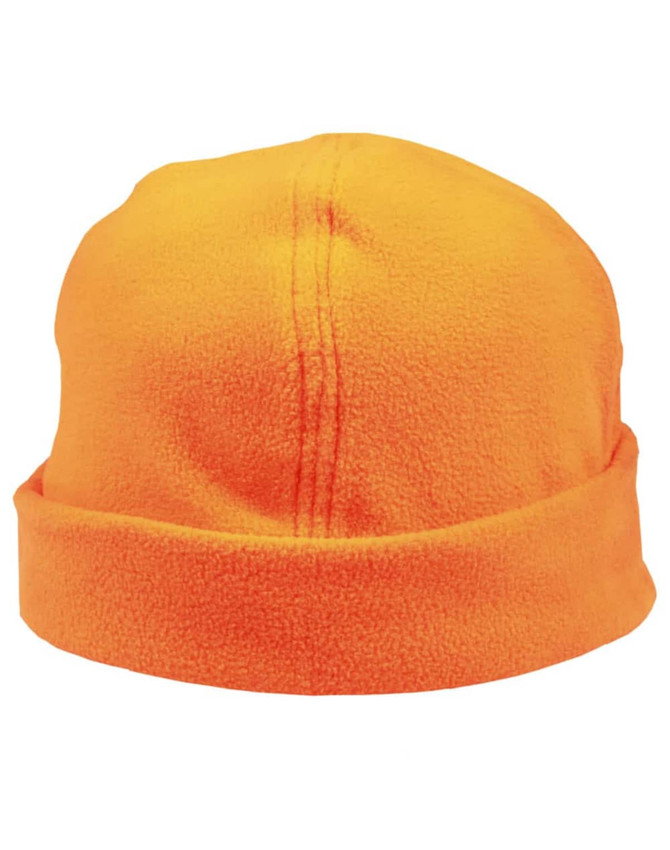 An orange polar fleece beanie with a folded hem, featuring a logo on the side.