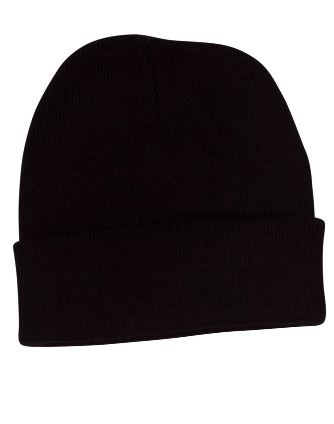 A black acrylic beanie with a classic knitted design and rolled cuff. It features a branding logo.