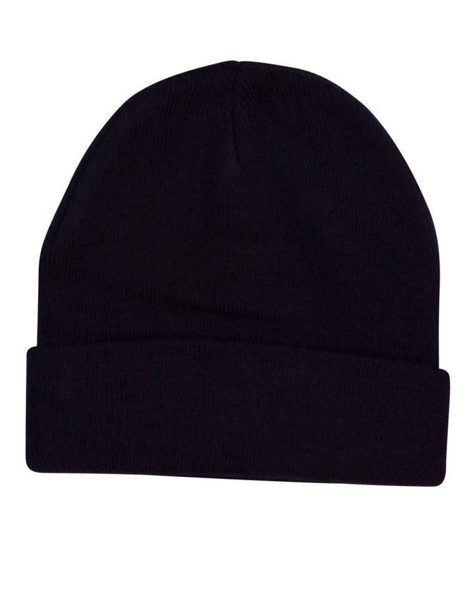 Acrylic beanie in solid black colour with a folded brim design. Features a logo on the front.