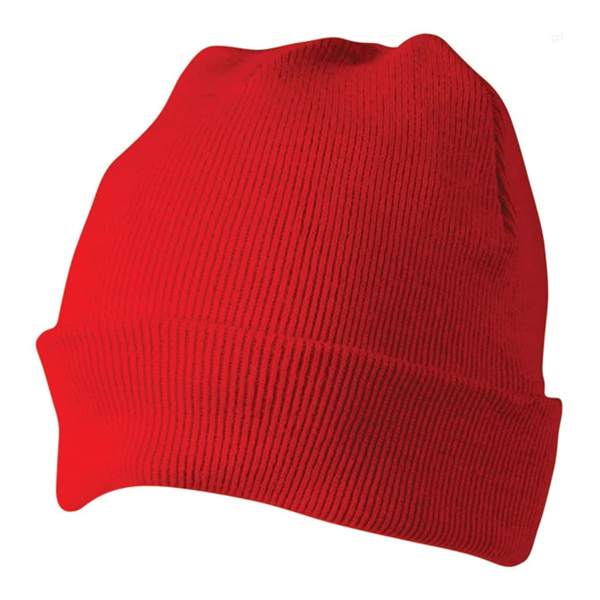 A red acrylic beanie featuring a ribbed texture and a folded cuff, displayed against a white background.