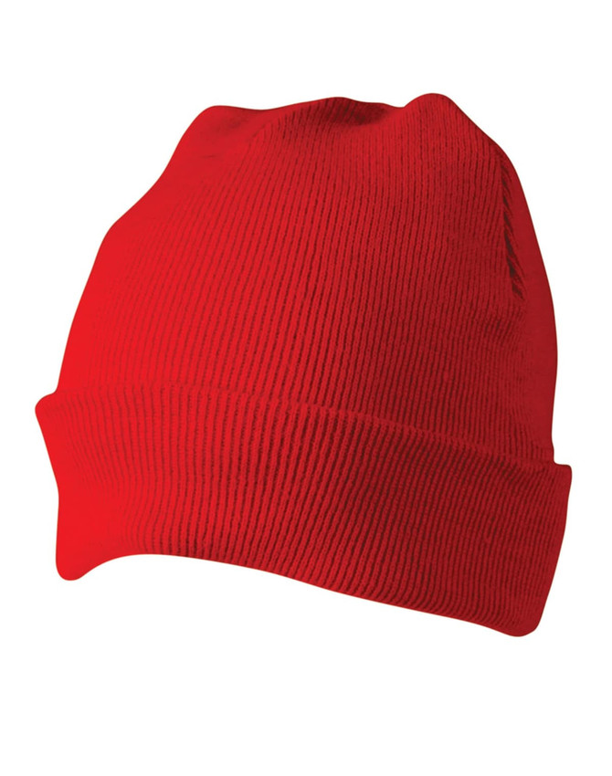 A red acrylic beanie featuring a ribbed texture and a folded cuff, displayed against a white background.
