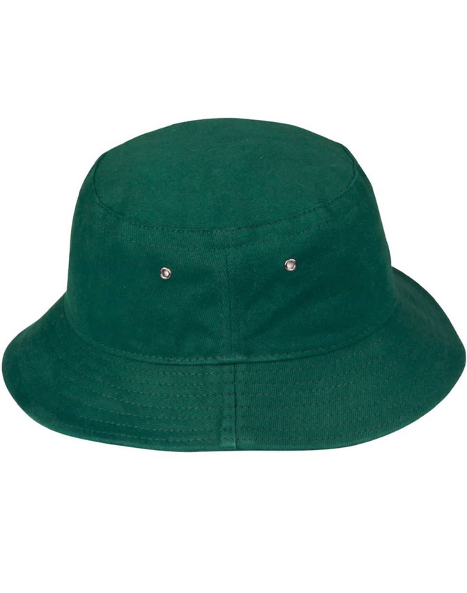 A green H/B/C bucket hat featuring a rounded crown and a wide brim, with metal snap details.