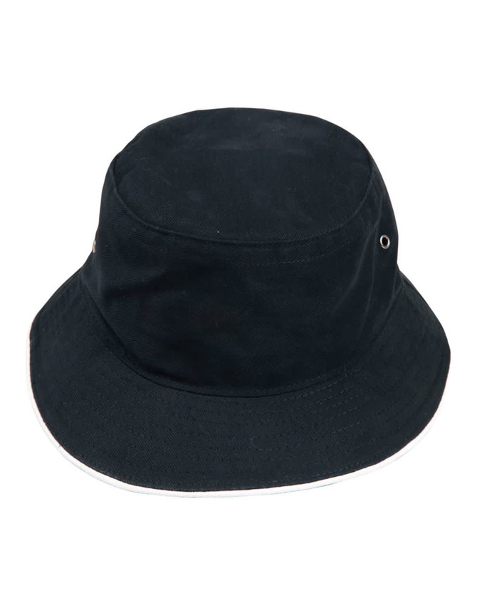A soft washed black bucket hat with a contrast trim and a logo. Ideal for headwear collection.