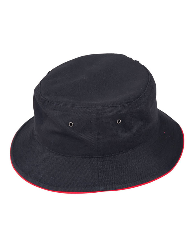 A black bucket hat featuring a contrasting red trim and ventilation eyelets. It has a logo on the side.
