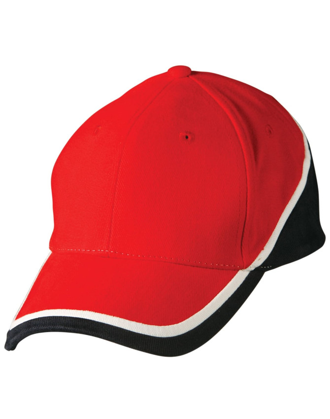 A red cap with contrasting white and black accents. It features a logo on the front.