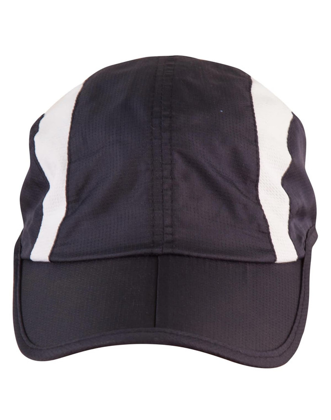A black foldable cap featuring white stripes, designed for headwear use. It has a logo on it.
