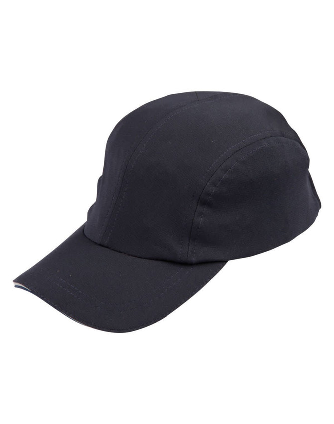 A black cap with a curved brim and a logo, designed for headwear.